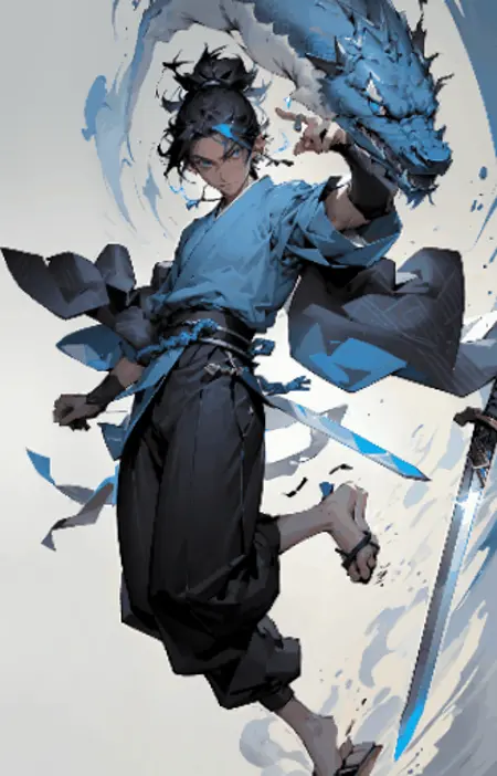 04759-743795245-letterboxed,blue theme,  male_focus, black_hair, weapon, solo, blue_eyes, sandals, 1boy, japanese_clothes, sword, illustration.m.gif